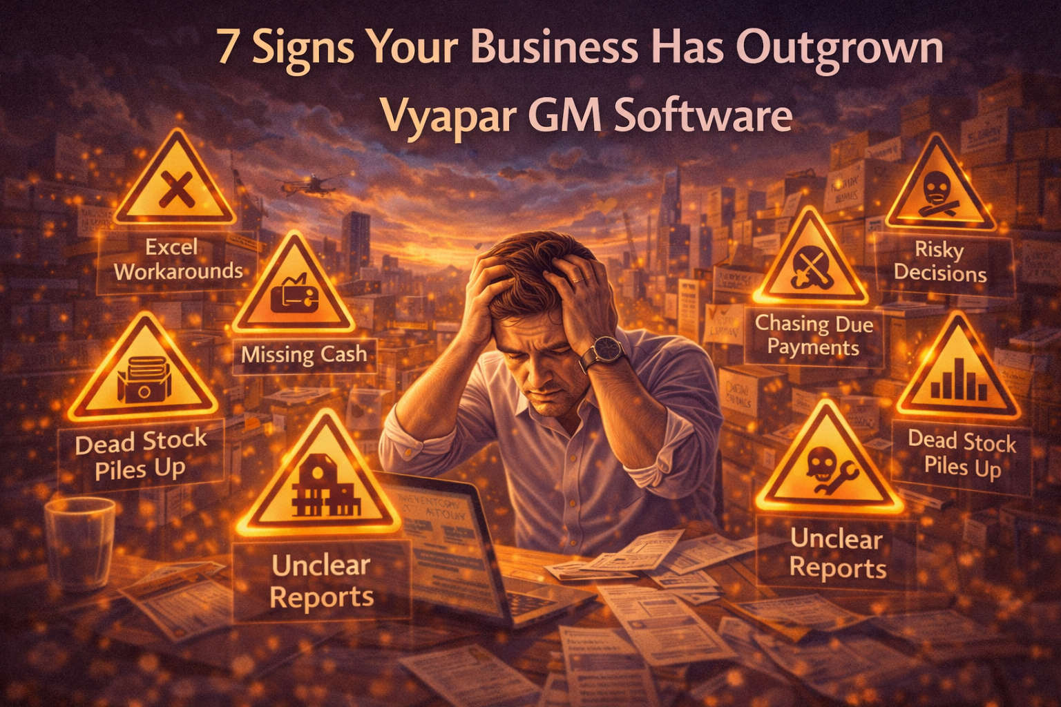 7 warning signs your business has outgrown Vyapar GM software shown through a stressed SME owner surrounded by growth obstacles