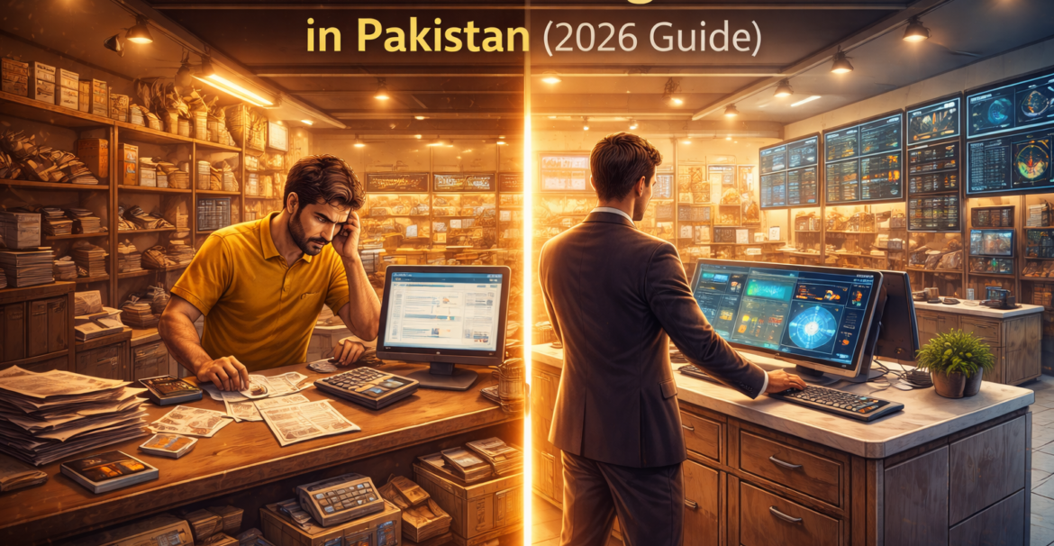 Retail ERP vs billing software in Pakistan comparison showing split retail store with basic counter on one side and structured ERP control center on the other