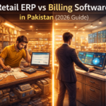 Retail ERP vs billing software in Pakistan comparison showing split retail store with basic counter on one side and structured ERP control center on the other