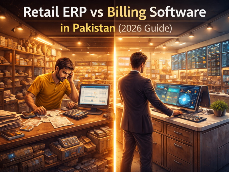 Retail ERP vs billing software in Pakistan comparison showing split retail store with basic counter on one side and structured ERP control center on the other