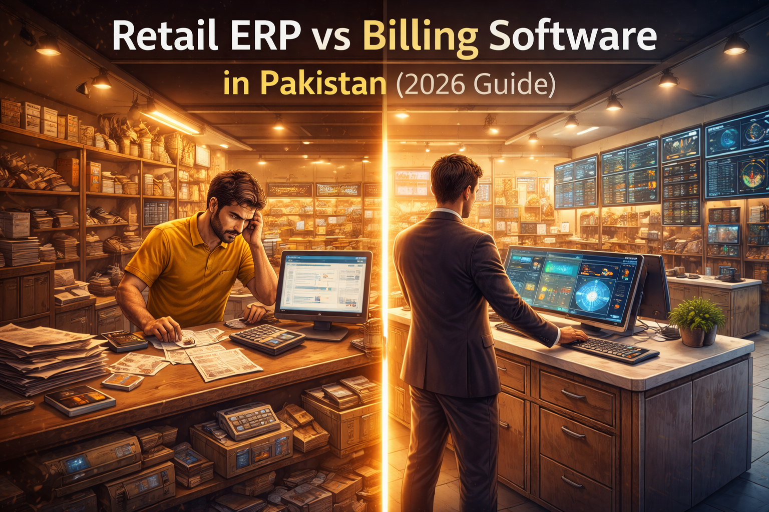 Retail ERP vs billing software in Pakistan comparison showing split retail store with basic counter on one side and structured ERP control center on the other