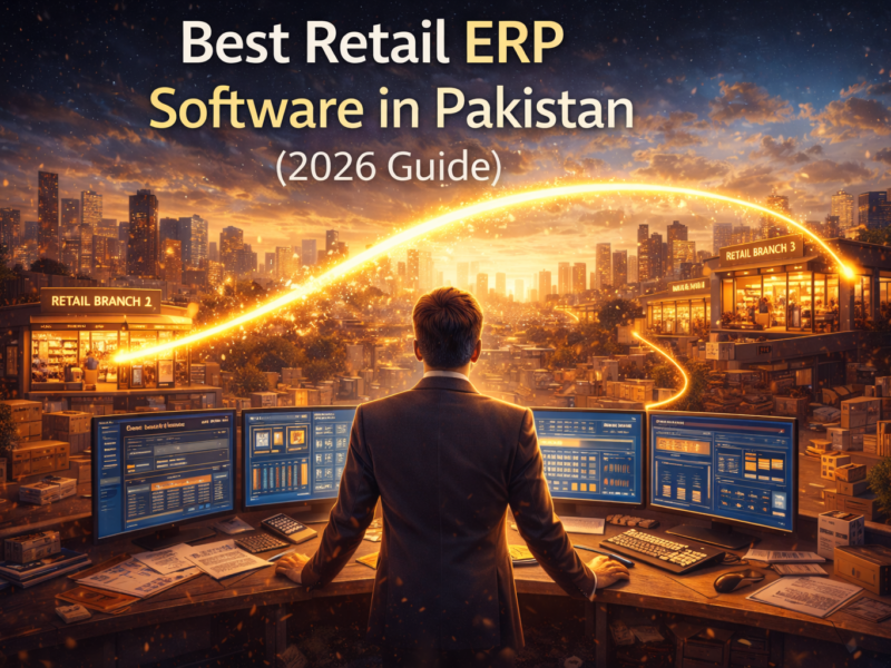 Best retail ERP software in Pakistan 2026 illustrated by a retail command center connecting multiple branches with a golden growth arc