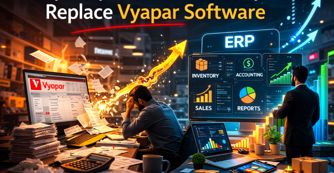 Comparison showing businesses replacing Vyapar software with modern ERP systems for better inventory, accounting, and business management.