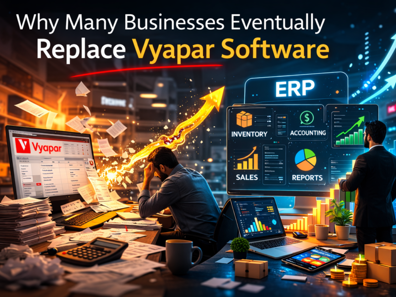 Comparison showing businesses replacing Vyapar software with modern ERP systems for better inventory, accounting, and business management.
