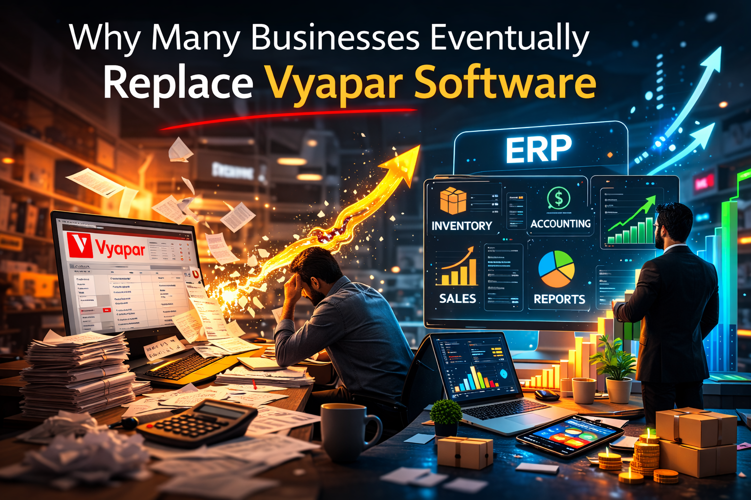 Comparison showing businesses replacing Vyapar software with modern ERP systems for better inventory, accounting, and business management.