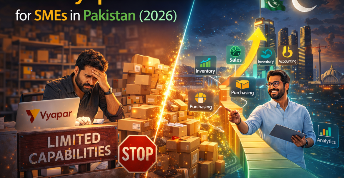 Best Vyapar alternatives for SMEs in Pakistan 2026 comparison showing businesses upgrading from Vyapar to modern ERP and business management software.