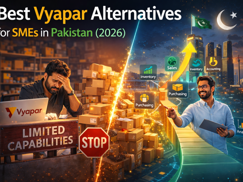 Best Vyapar alternatives for SMEs in Pakistan 2026 comparison showing businesses upgrading from Vyapar to modern ERP and business management software.