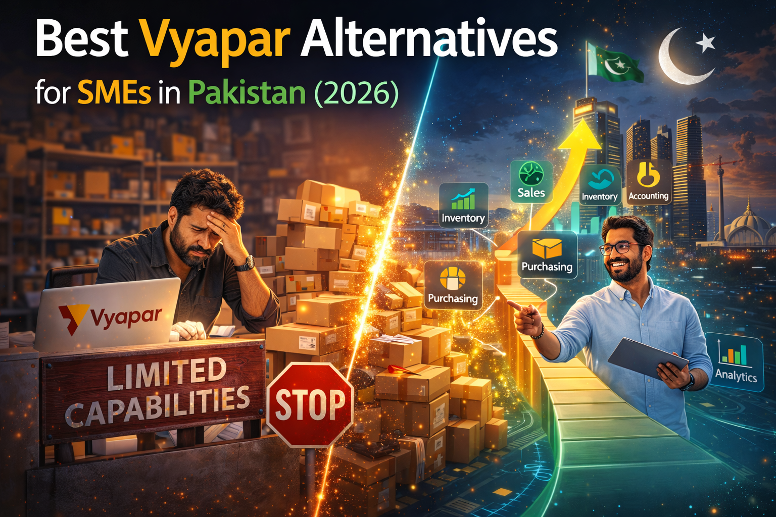 Best Vyapar alternatives for SMEs in Pakistan 2026 comparison showing businesses upgrading from Vyapar to modern ERP and business management software.