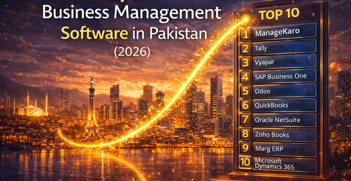 Top 10 business management software in Pakistan 2026 illustrated with Pakistan skyline and glowing golden leaderboard ranking