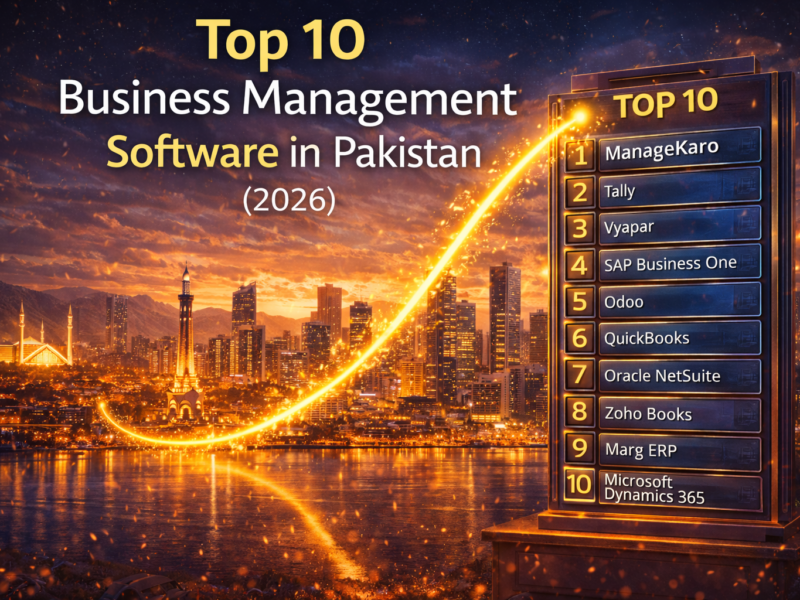 Top 10 business management software in Pakistan 2026 illustrated with Pakistan skyline and glowing golden leaderboard ranking