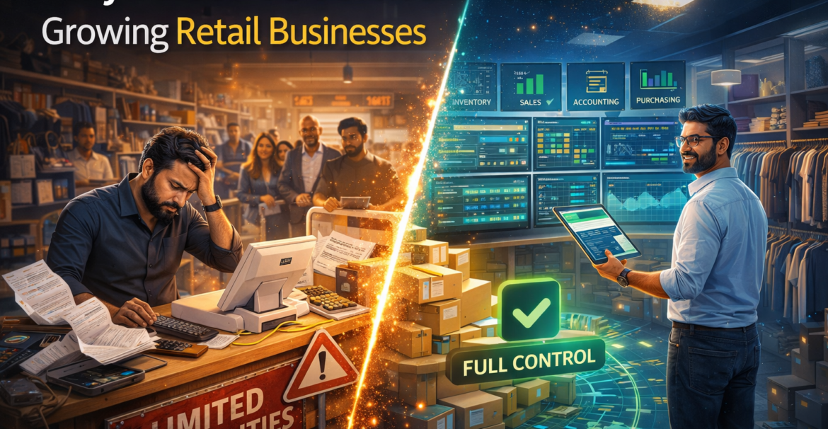 Why POS software fails growing retail businesses illustrated by a split retail store showing POS limitations and ERP system full control