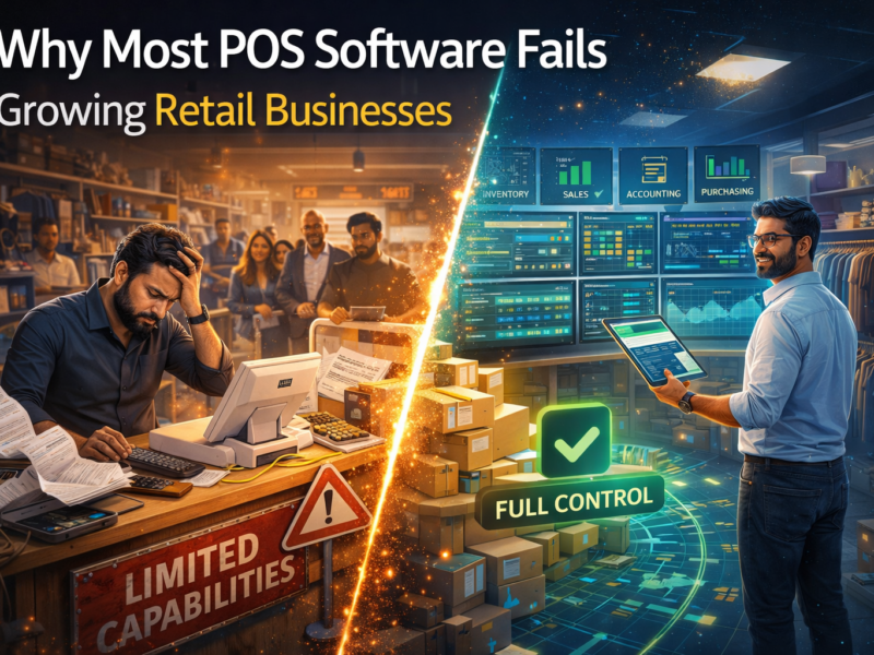 Why POS software fails growing retail businesses illustrated by a split retail store showing POS limitations and ERP system full control