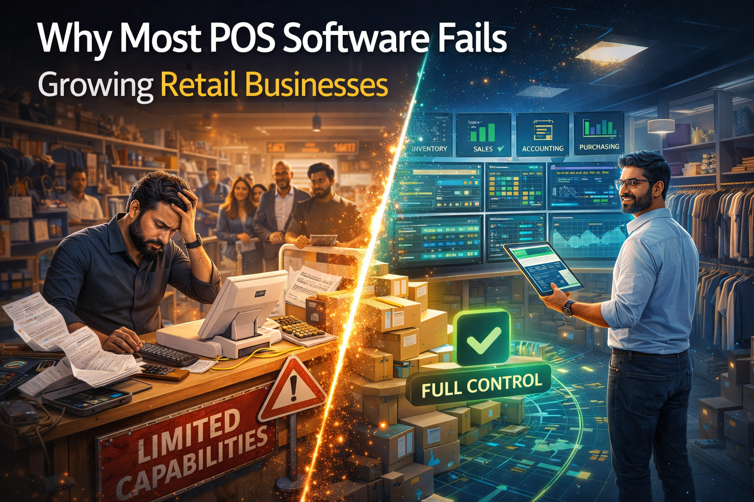 Why POS software fails growing retail businesses illustrated by a split retail store showing POS limitations and ERP system full control