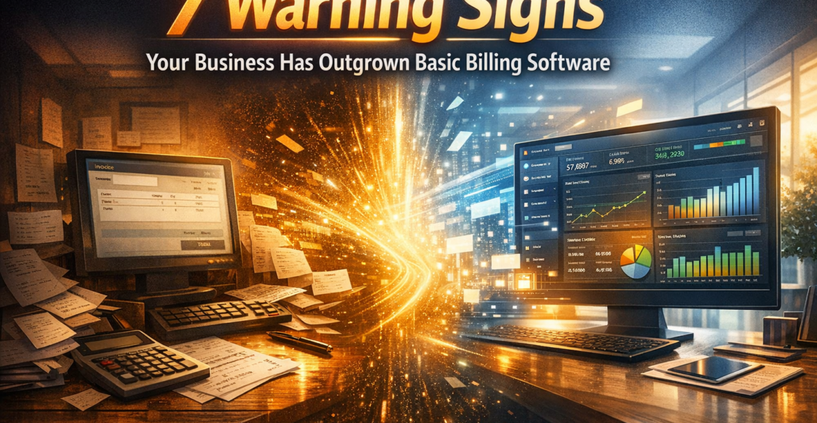 Business transitioning from basic billing software to modern business management system showing growth and scalability