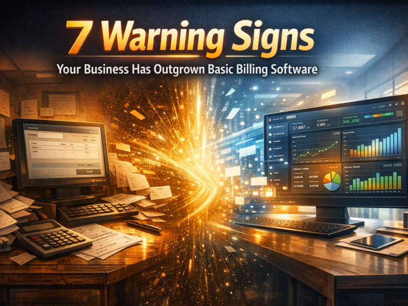 Business transitioning from basic billing software to modern business management system showing growth and scalability