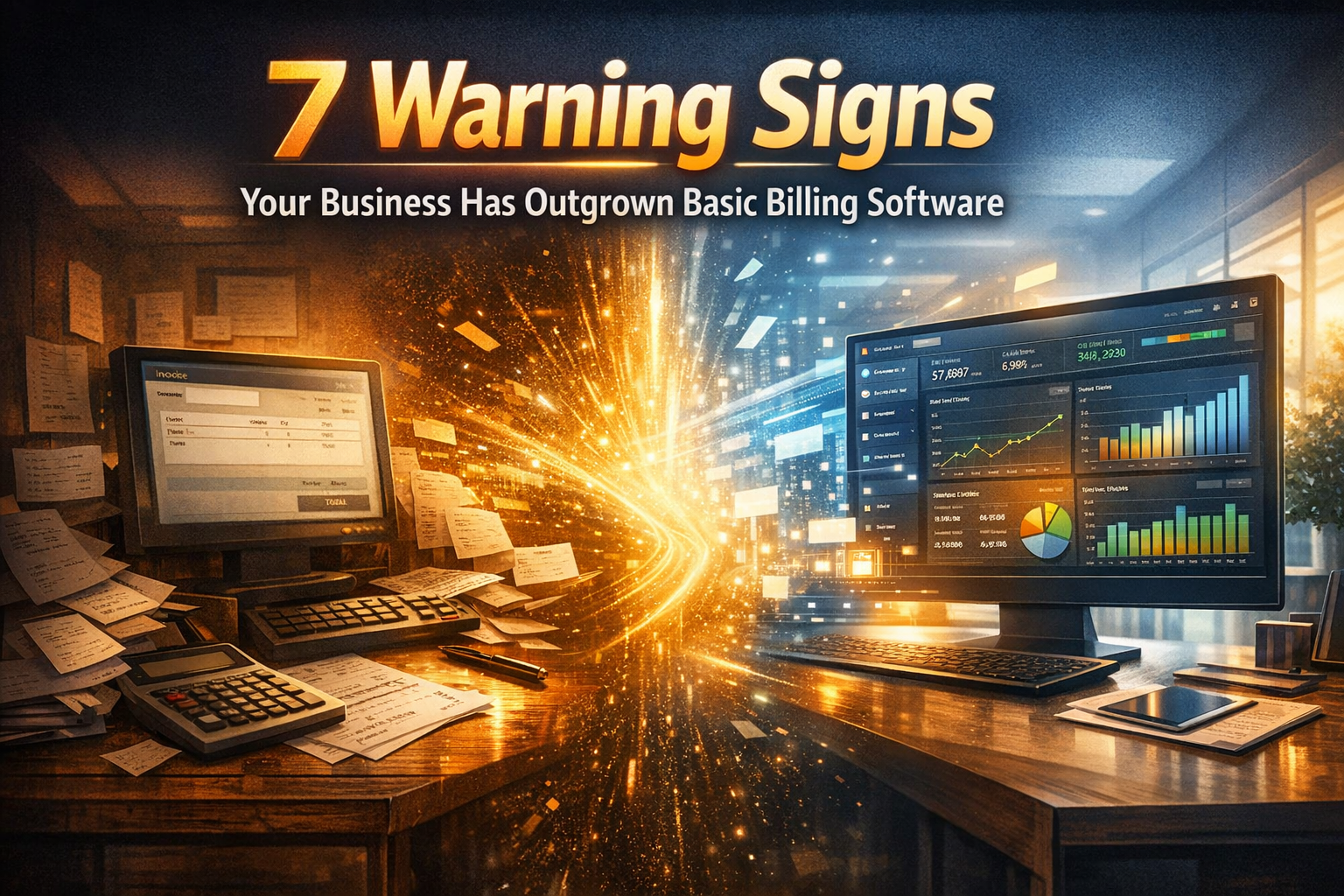 Business transitioning from basic billing software to modern business management system showing growth and scalability