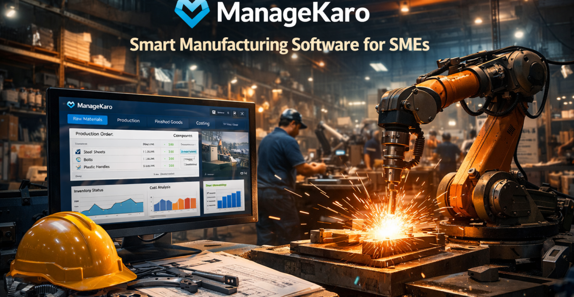 ManageKaro manufacturing software dashboard controlling factory production with robotic arm and automated production workflow