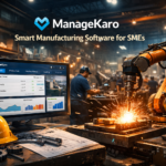 ManageKaro manufacturing software dashboard controlling factory production with robotic arm and automated production workflow