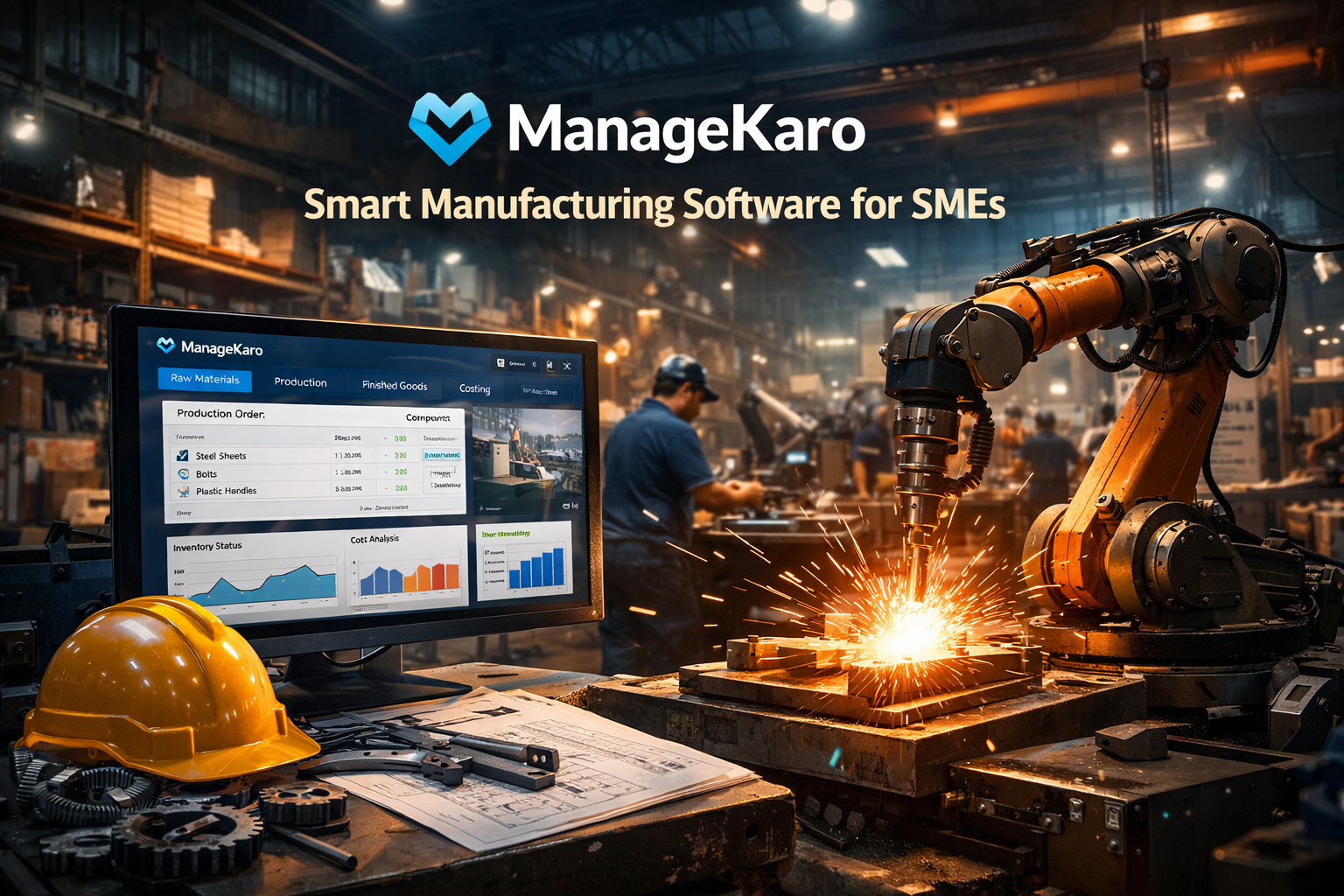 ManageKaro manufacturing software dashboard controlling factory production with robotic arm and automated production workflow