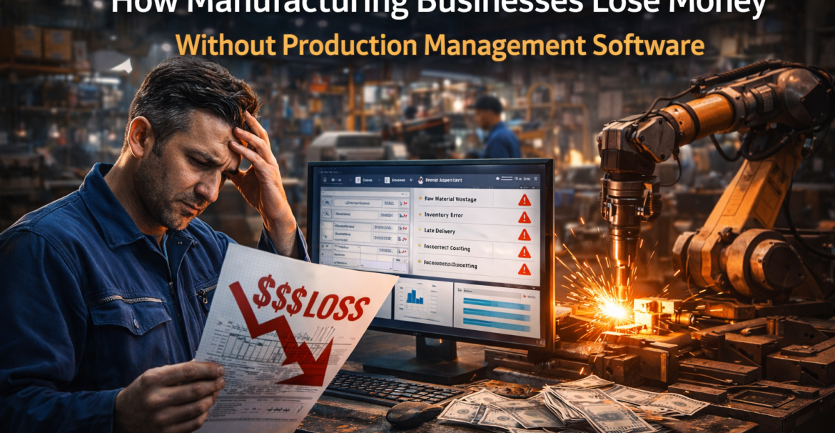 Manufacturing business losing money due to inefficient production processes shown in factory with production issues and financial loss