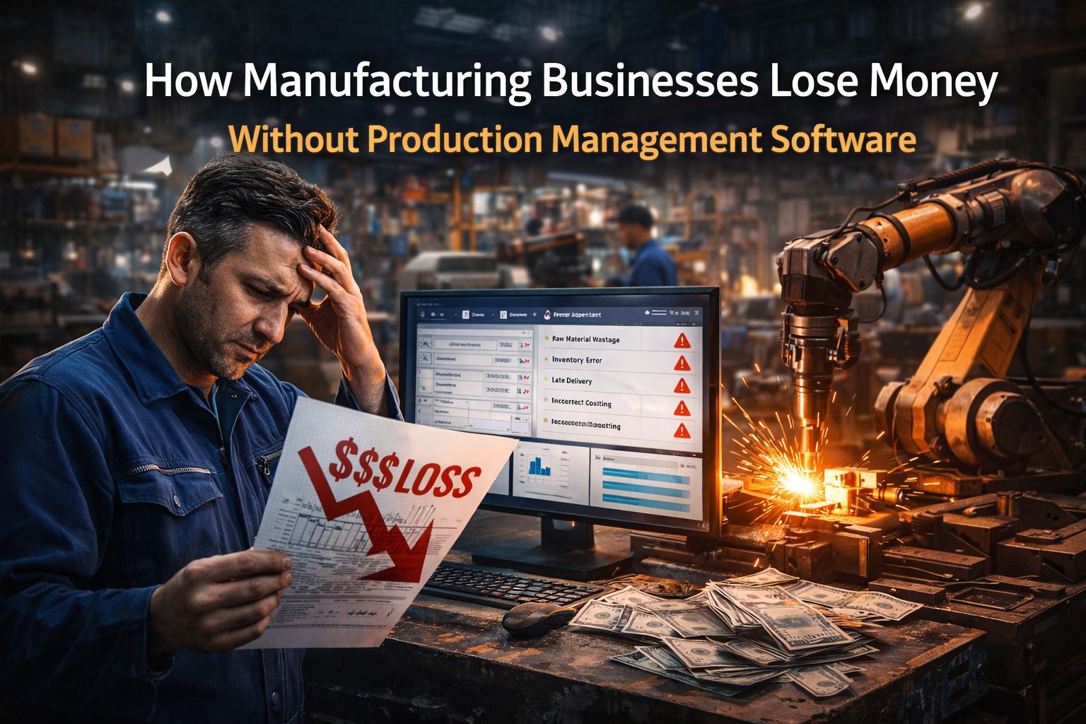 Manufacturing business losing money due to inefficient production processes shown in factory with production issues and financial loss