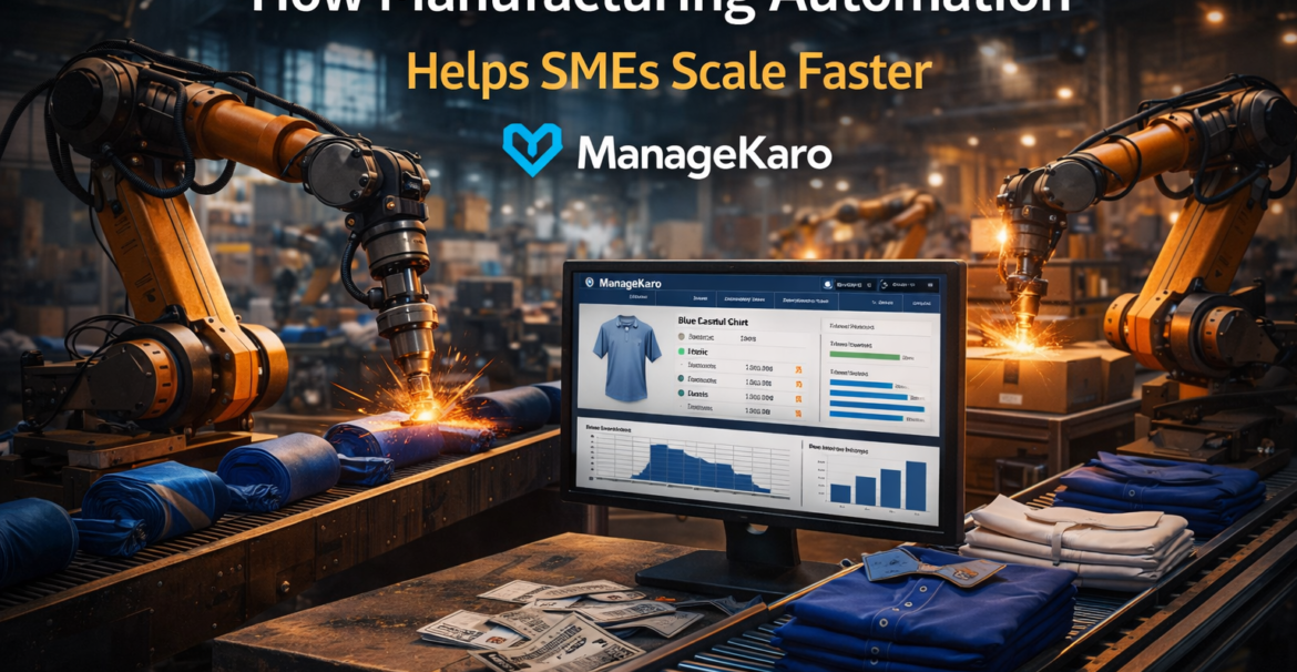 Manufacturing automation using ManageKaro software with robotic production line and automated inventory management for SMEs
