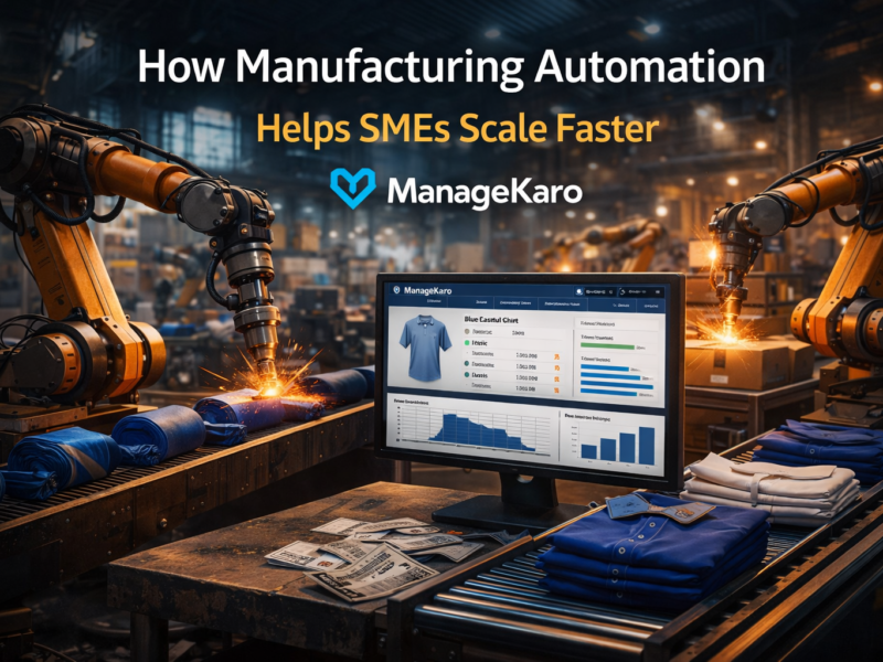 Manufacturing automation using ManageKaro software with robotic production line and automated inventory management for SMEs