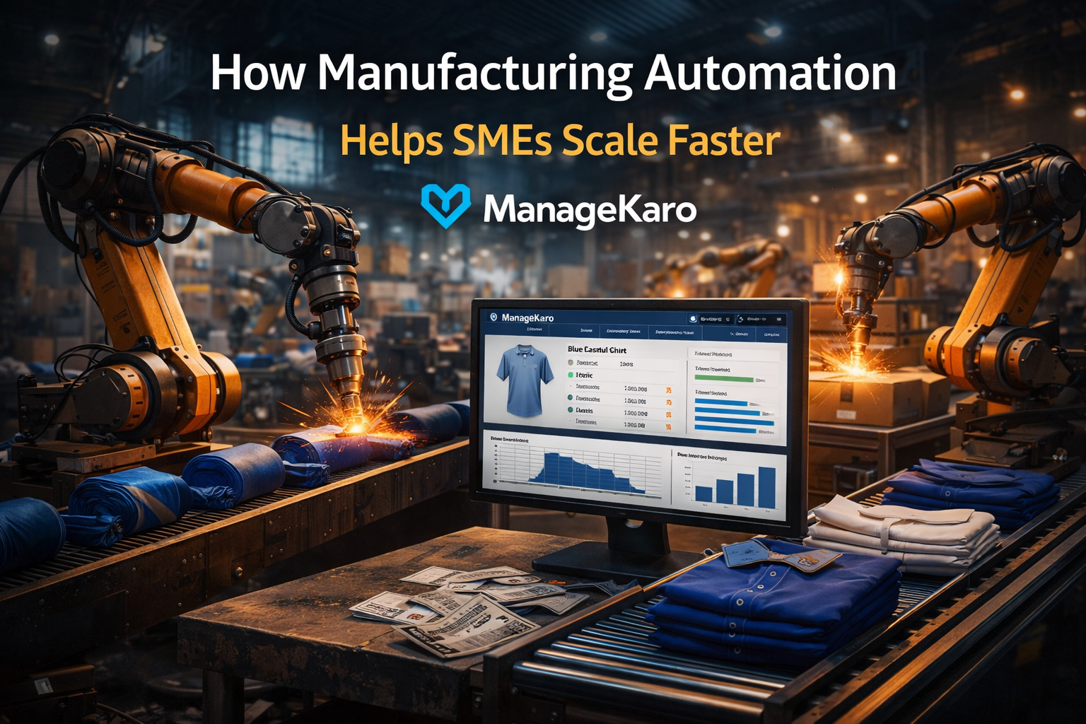 Manufacturing automation using ManageKaro software with robotic production line and automated inventory management for SMEs