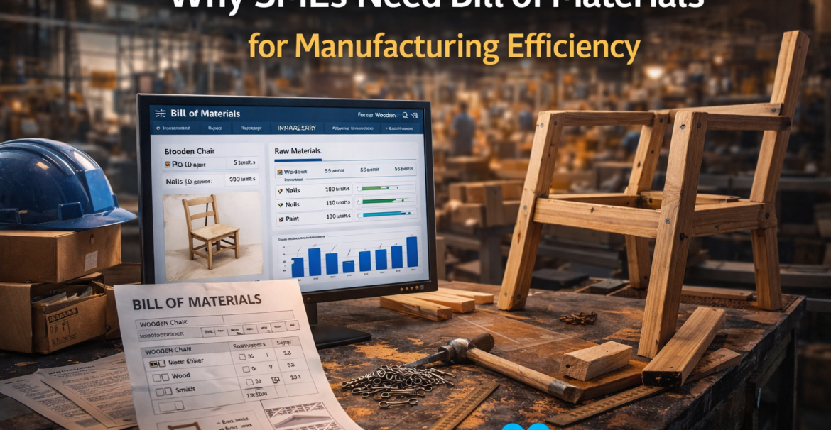 Bill of Materials manufacturing workflow showing raw materials and finished product with ManageKaro manufacturing software