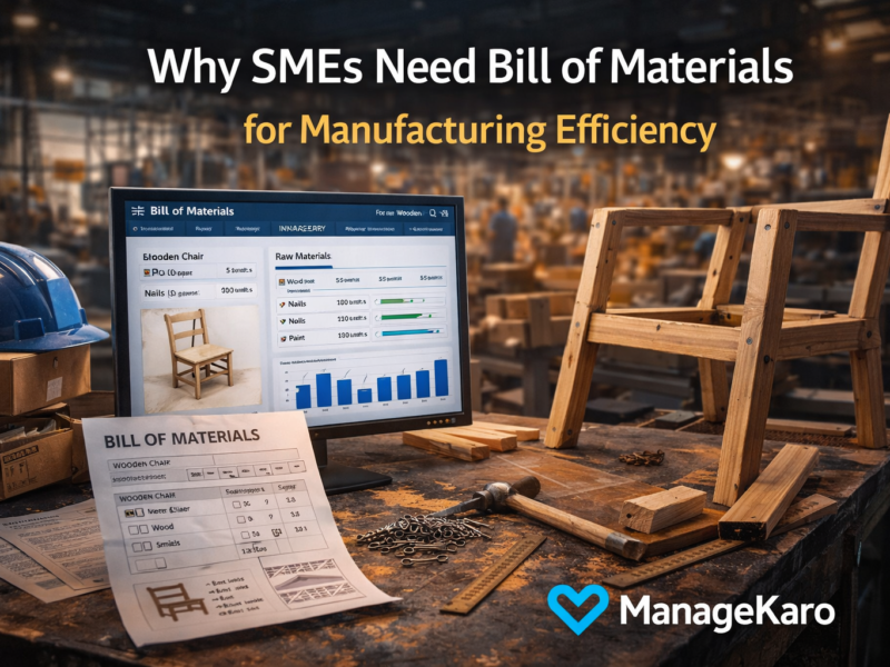 Bill of Materials manufacturing workflow showing raw materials and finished product with ManageKaro manufacturing software