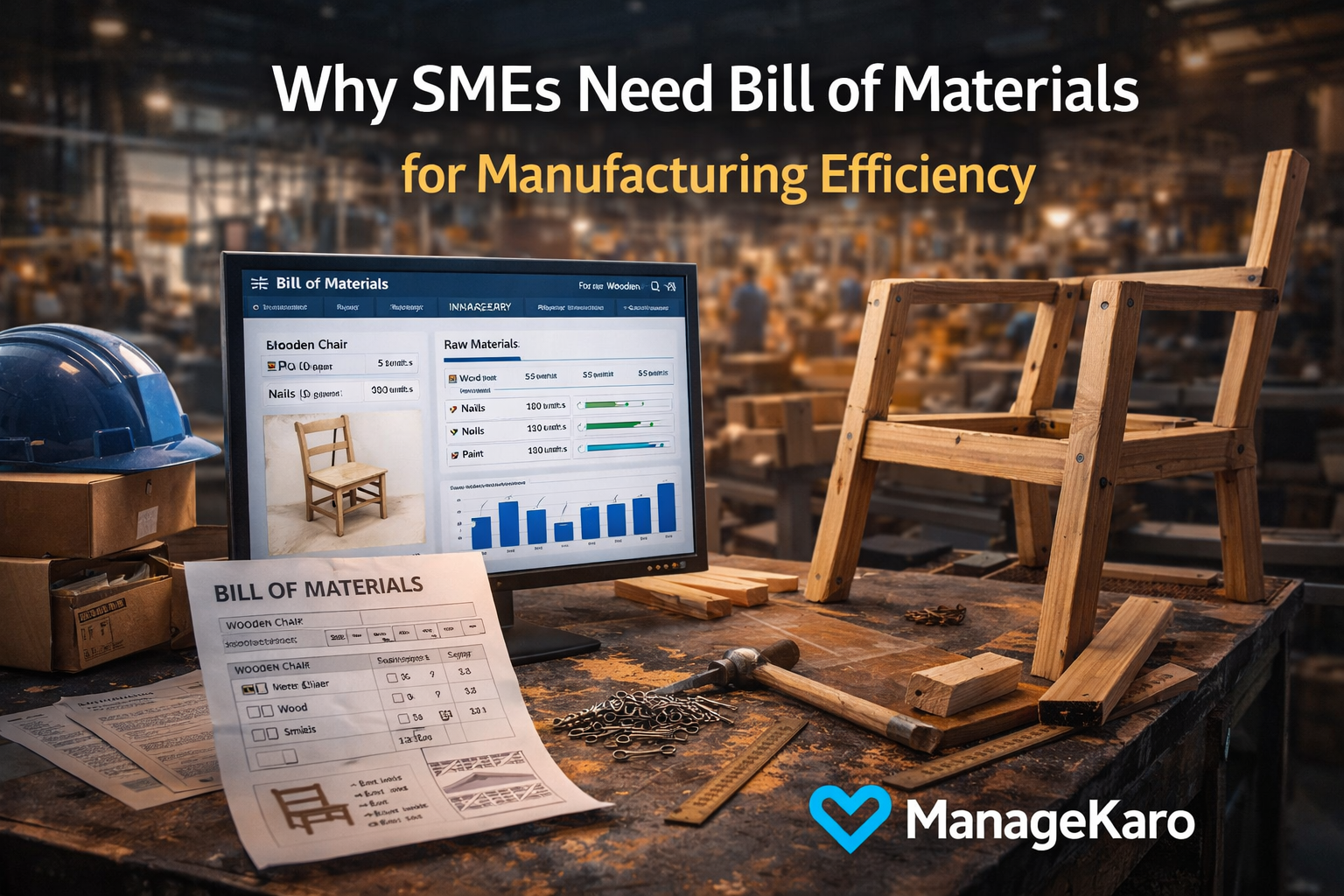 Bill of Materials manufacturing workflow showing raw materials and finished product with ManageKaro manufacturing software