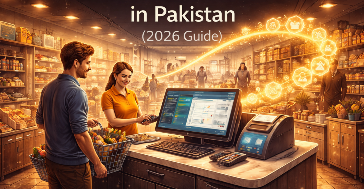 Best POS software in Pakistan 2026 illustrated by a retail checkout counter with glowing data flow connecting inventory and sales