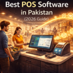 Best POS software in Pakistan 2026 illustrated by a retail checkout counter with glowing data flow connecting inventory and sales