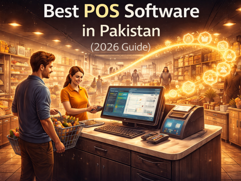 Best POS software in Pakistan 2026 illustrated by a retail checkout counter with glowing data flow connecting inventory and sales