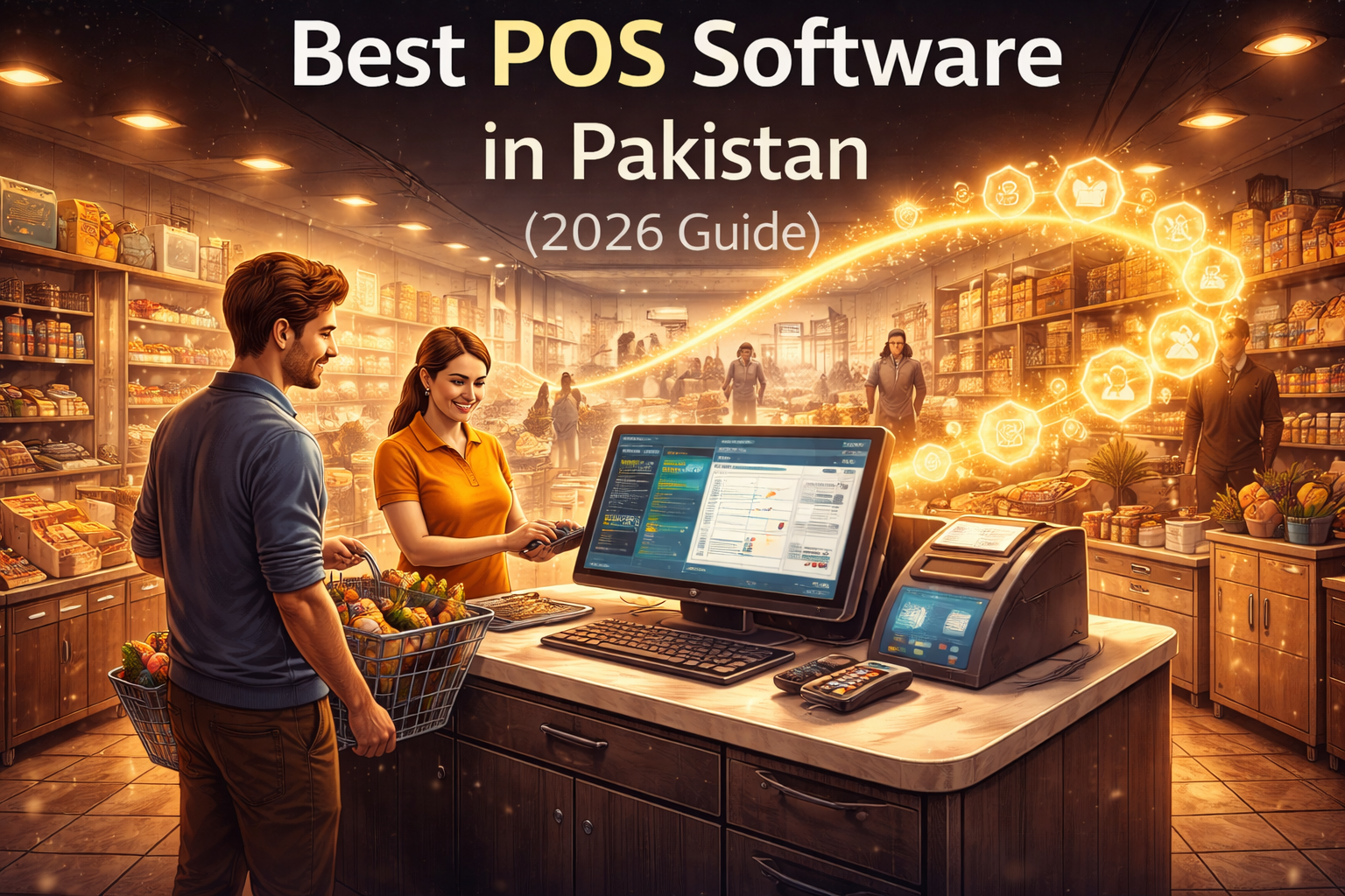 Best POS software in Pakistan 2026 illustrated by a retail checkout counter with glowing data flow connecting inventory and sales
