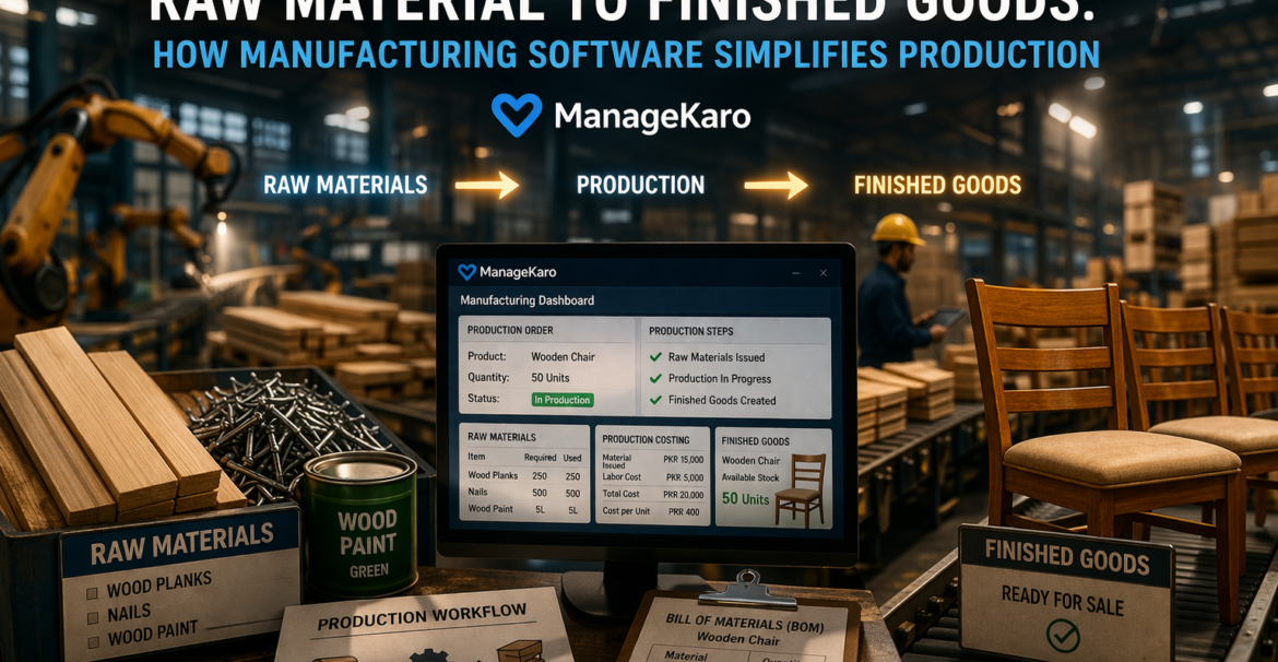 Raw materials to finished goods manufacturing workflow using ManageKaro production management software in factory environment