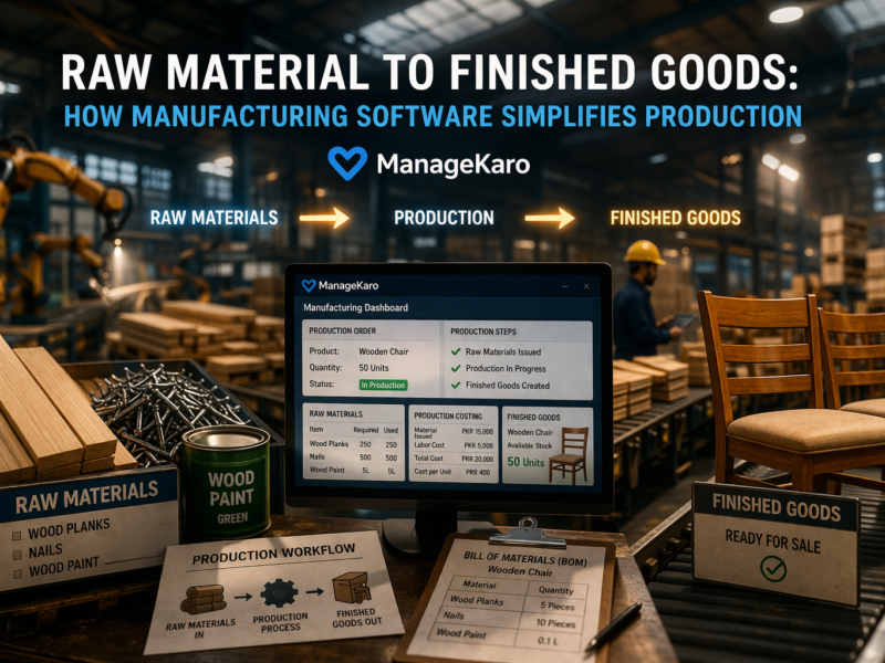 Raw materials to finished goods manufacturing workflow using ManageKaro production management software in factory environment
