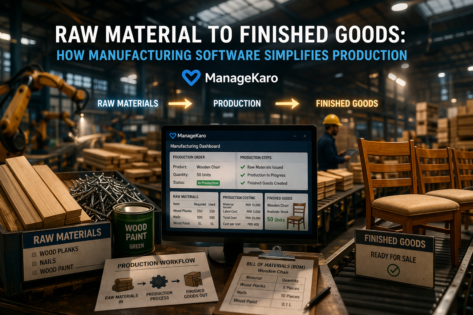 Raw materials to finished goods manufacturing workflow using ManageKaro production management software in factory environment