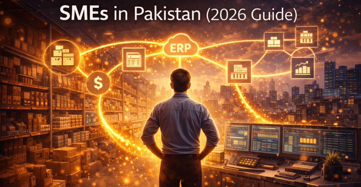 Best ERP software for SMEs in Pakistan illustrated by a business owner managing inventory, finance, and operations through a connected ERP data network