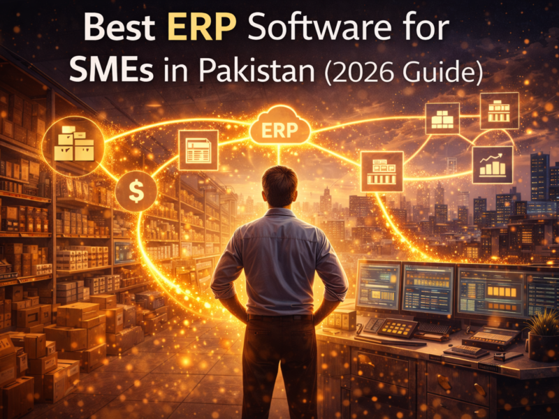 Best ERP software for SMEs in Pakistan illustrated by a business owner managing inventory, finance, and operations through a connected ERP data network