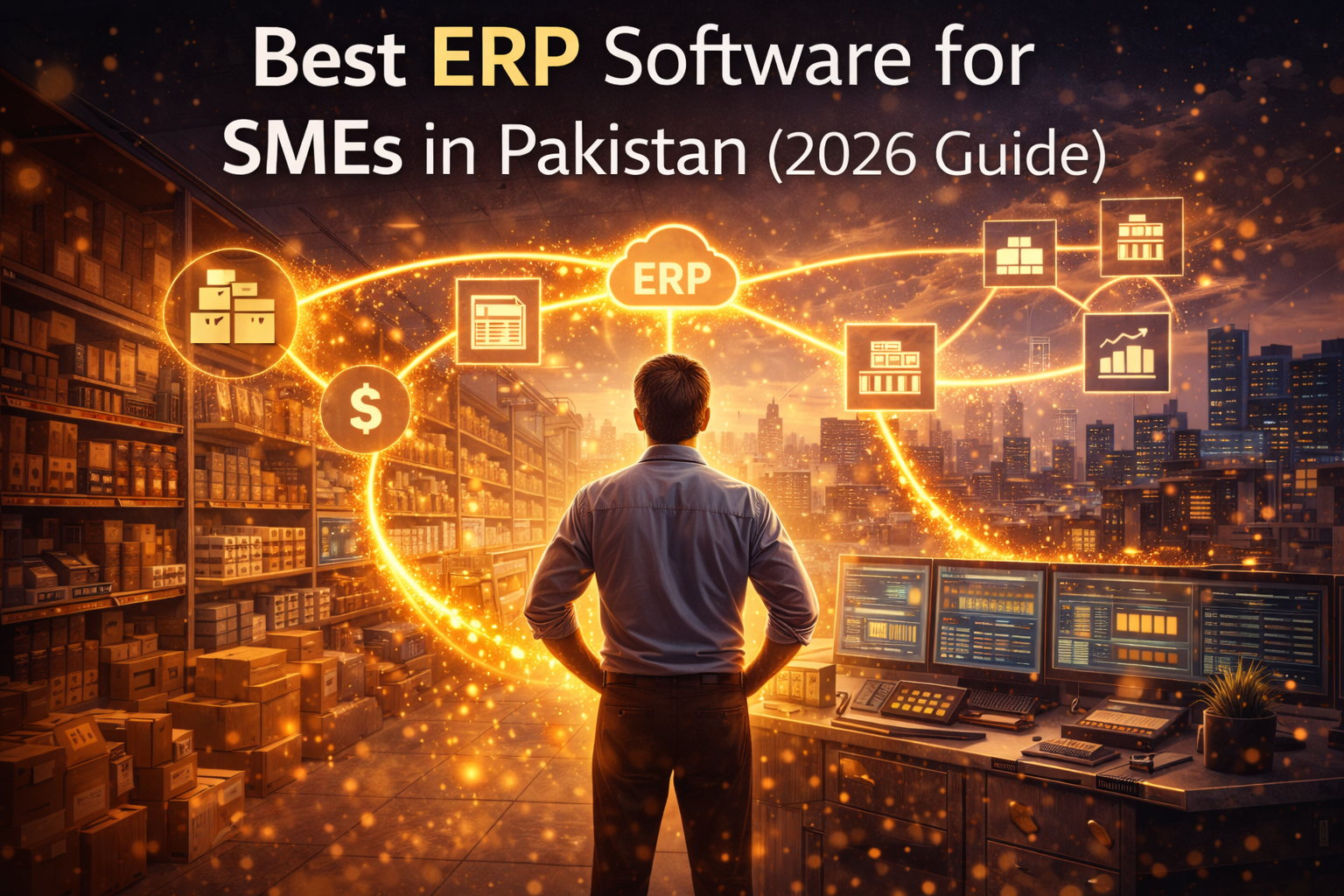 Best ERP software for SMEs in Pakistan illustrated by a business owner managing inventory, finance, and operations through a connected ERP data network