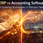 ERP vs accounting software comparison showing traditional accounting books transforming into a centralized ERP business control system