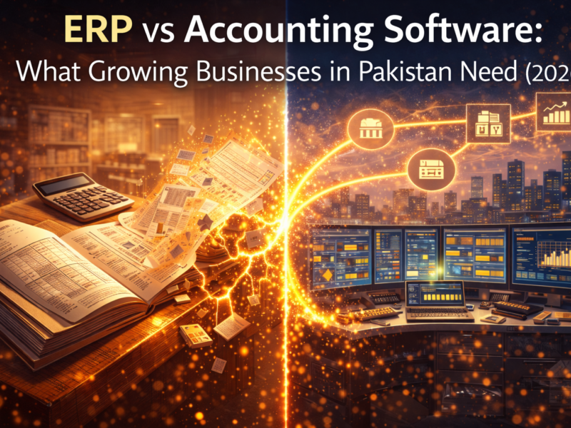 ERP vs accounting software comparison showing traditional accounting books transforming into a centralized ERP business control system
