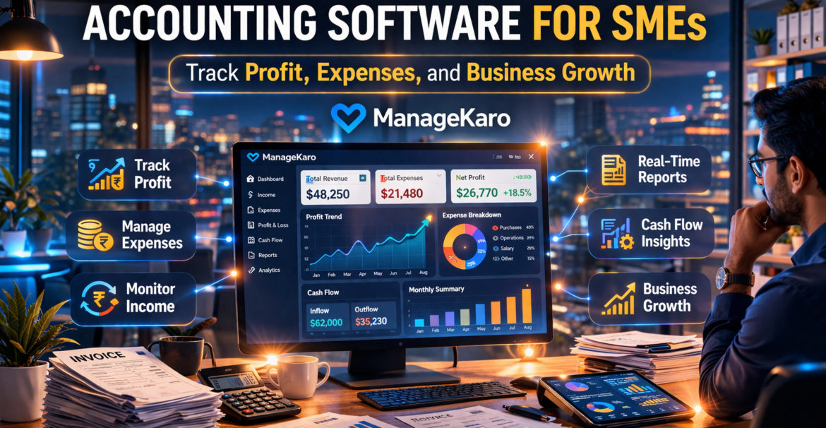 Accounting software dashboard showing profit, expenses, and financial reports in ManageKaro SME business office