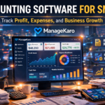 Accounting software dashboard showing profit, expenses, and financial reports in ManageKaro SME business office