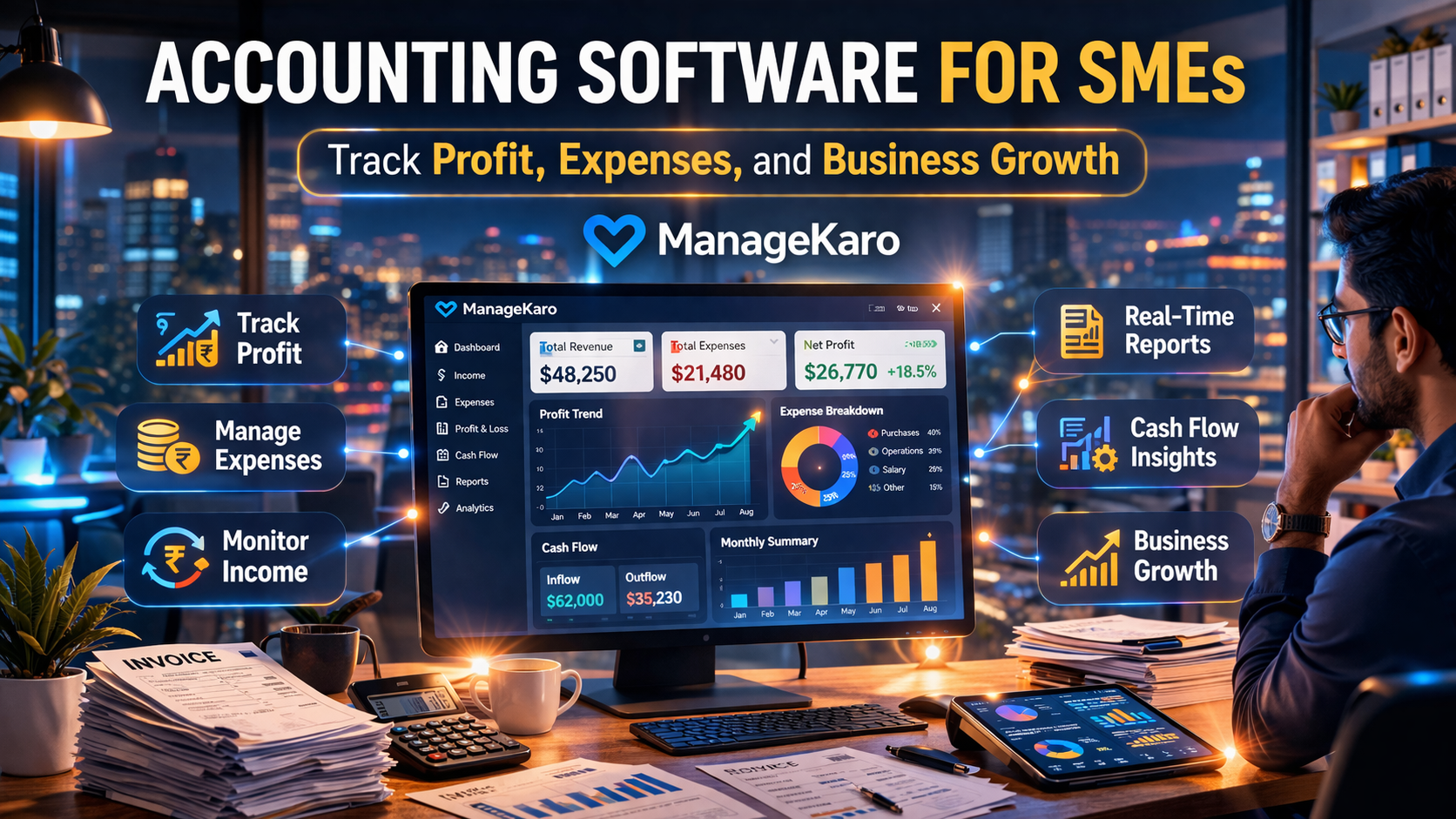 Accounting software dashboard showing profit, expenses, and financial reports in ManageKaro SME business office