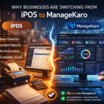 POS vs ManageKaro comparison showing outdated POS system transitioning to modern all-in-one business management software