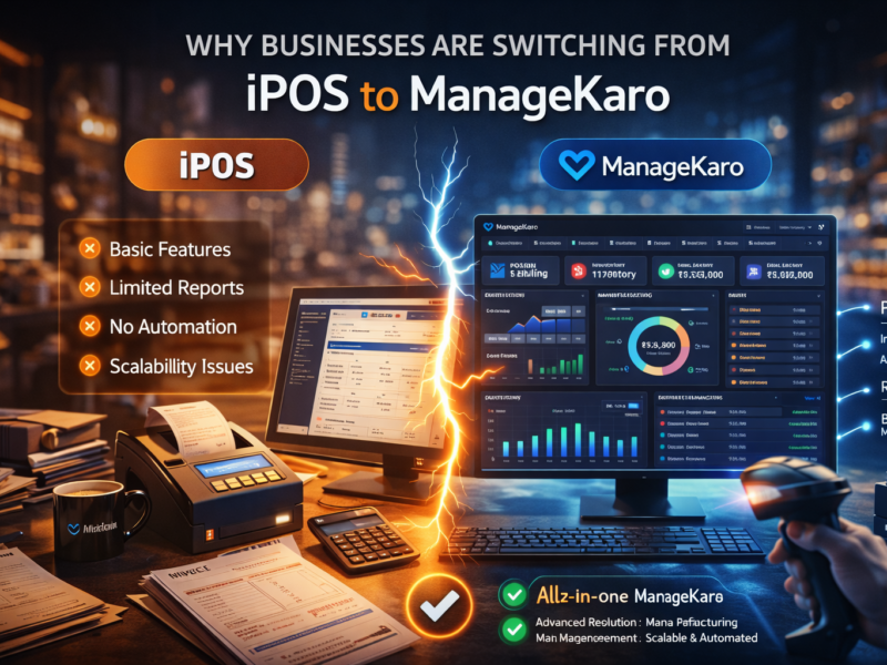 POS vs ManageKaro comparison showing outdated POS system transitioning to modern all-in-one business management software