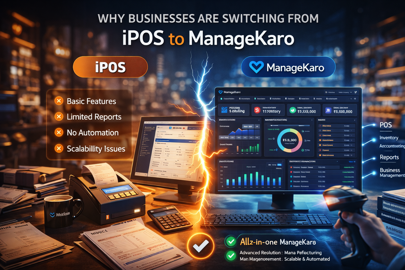 POS vs ManageKaro comparison showing outdated POS system transitioning to modern all-in-one business management software