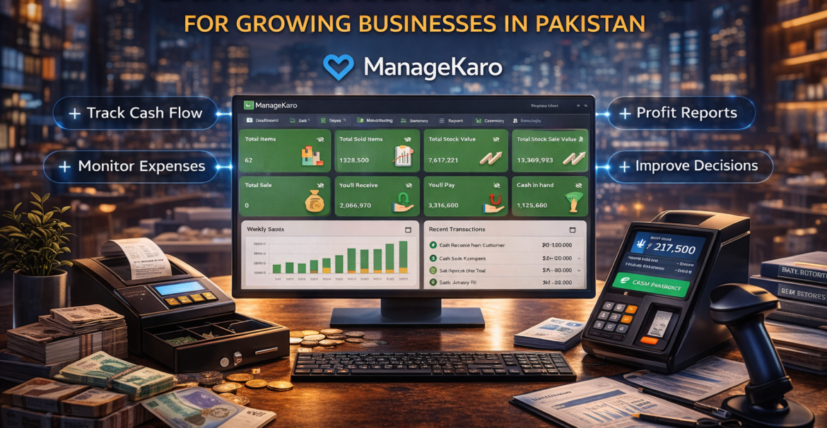 ManageKaro cash management dashboard showing cash in hand, profit tracking, expenses, and financial reports for business management
